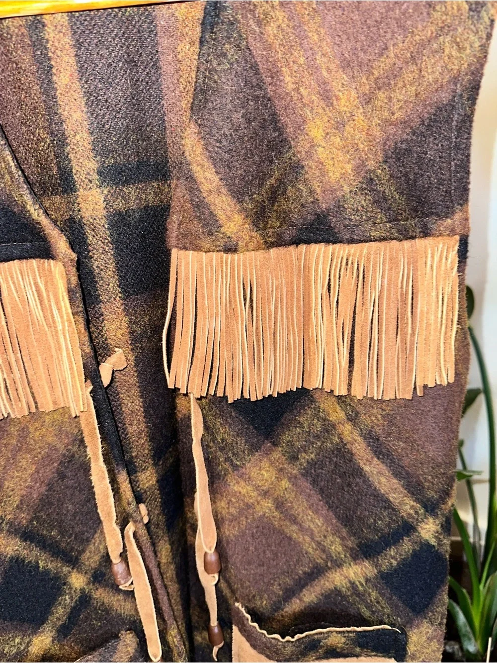 Vintage 70s Pioneer Wear Plaid Wool Fringe Vest Suede Pockets Western
